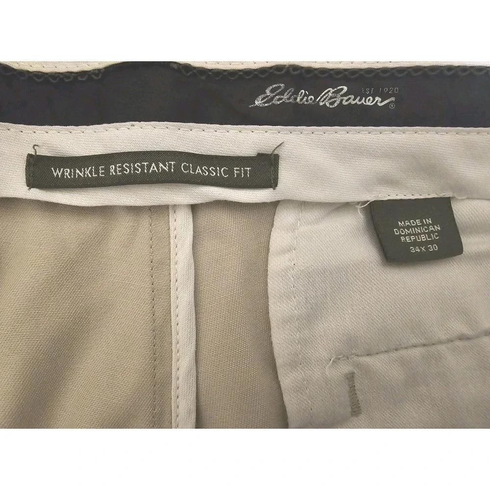 Mens Eddie Bauer Wrinkle Free Classic‎ Fit Khaki Pants Tan 34X30 Chino Trouser